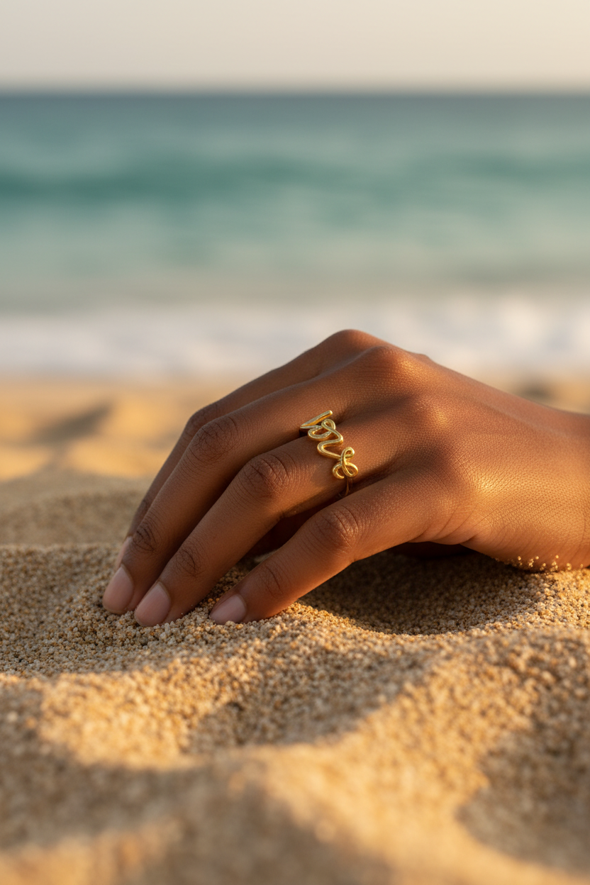 Bague Alma solitaire - main femme africaine plage