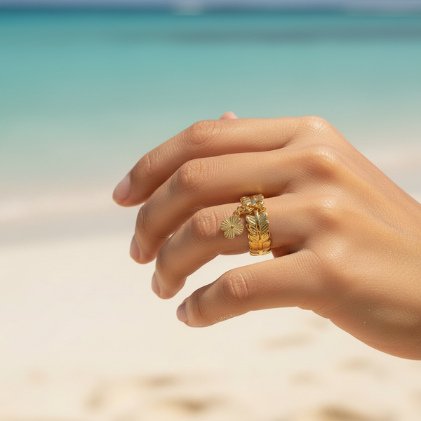 Bague dorée anneau feuilles laurier charm soleil seul – lifestyle plage
