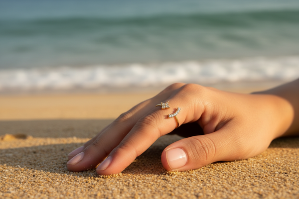 Bague sur main de mannequin à la plage