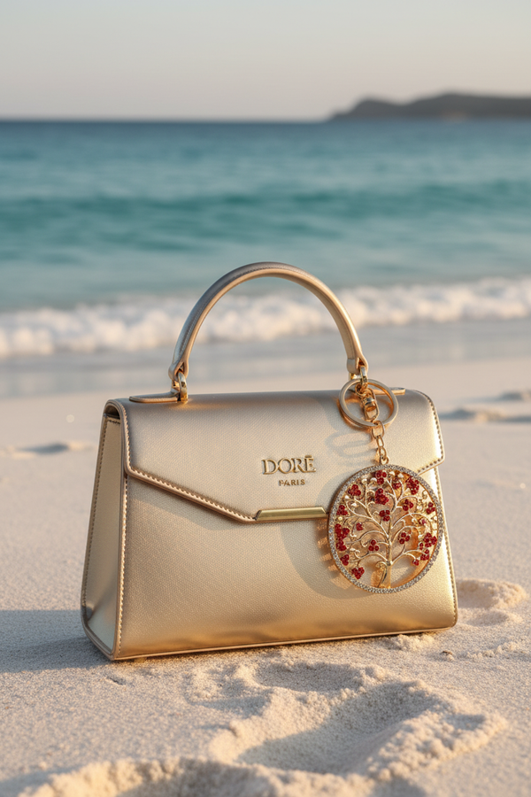 Bijou Arbre de Vie rouge rubis – accroché sur sac DORē PARIS à la plage