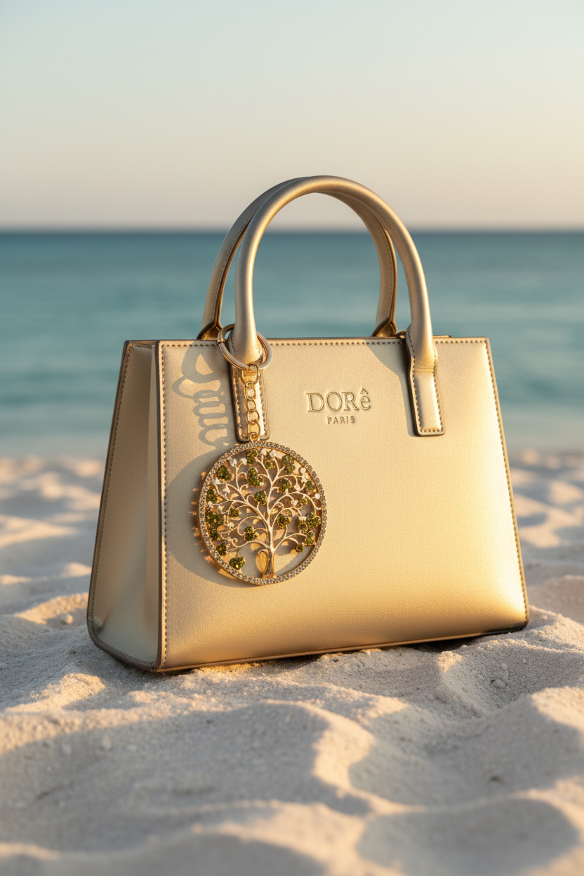 Bijou Arbre de Vie vert kaki – accroché sur sac DORē PARIS à la plage