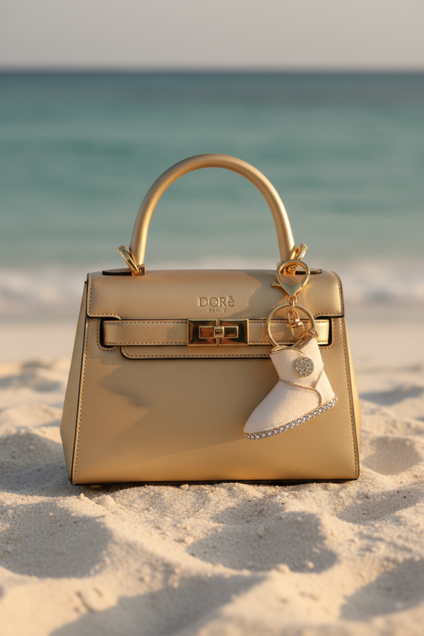 Bijou botte blanche – accroché sur sac DORē PARIS à la plage