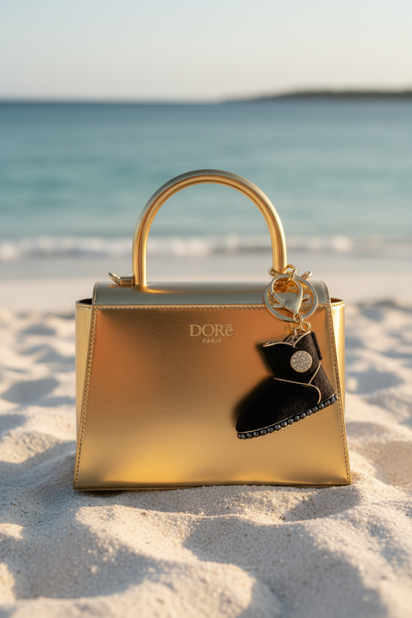 Bijou botte noire – accroché sur sac DORē PARIS à la plage