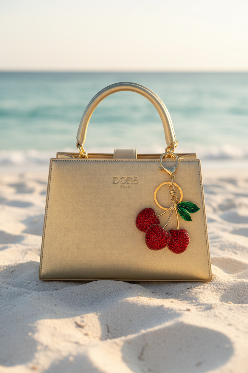 Bijou Cerises strass rouge – accroché sur sac DORē PARIS à la plage