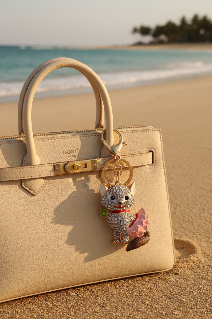 Bijou chat cristaux sur sac Doré Paris à la plage