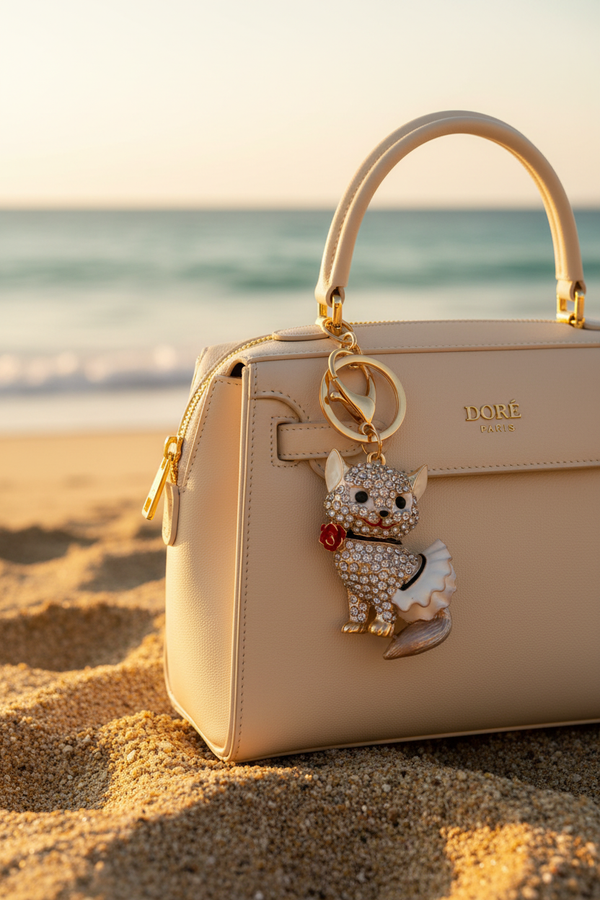 Bijou chien cristaux tutu blanc sur sac Doré Paris à la plage
