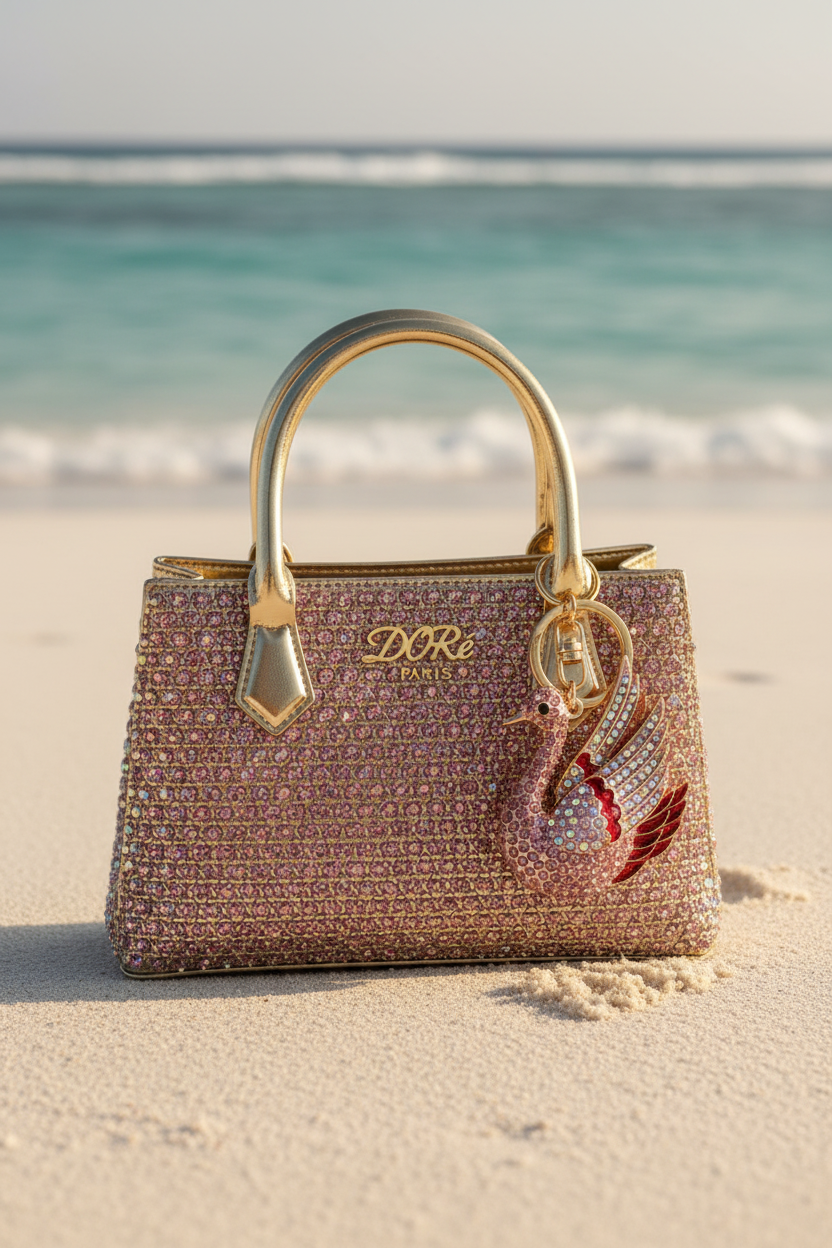 Bijou Cygne irisé rose – accroché sur sac DORē PARIS à la plage