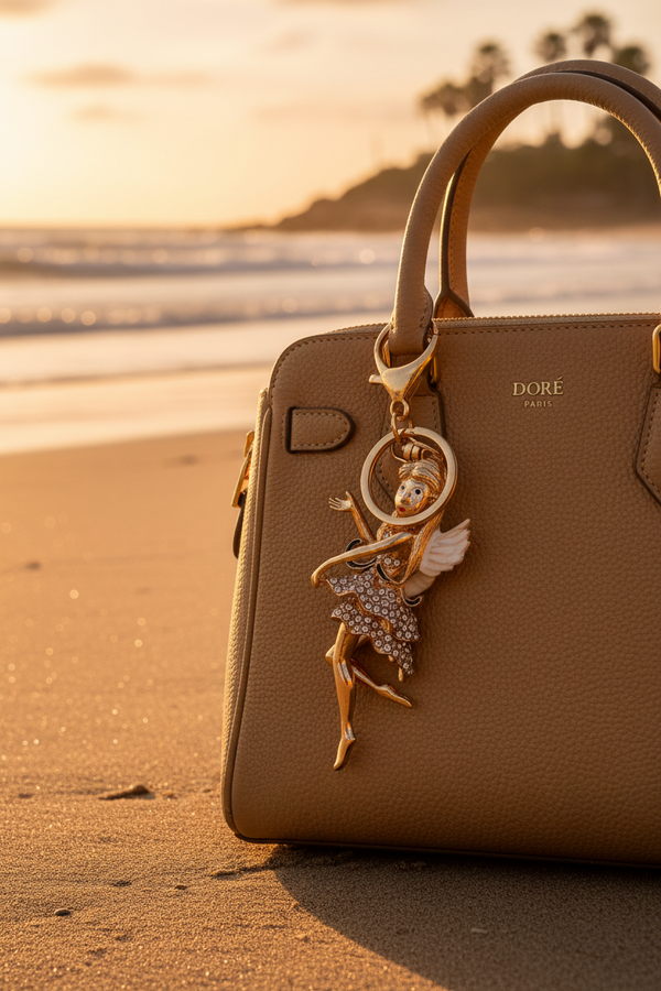 Bijou fée ballerine dorée sur sac Doré Paris à la plage