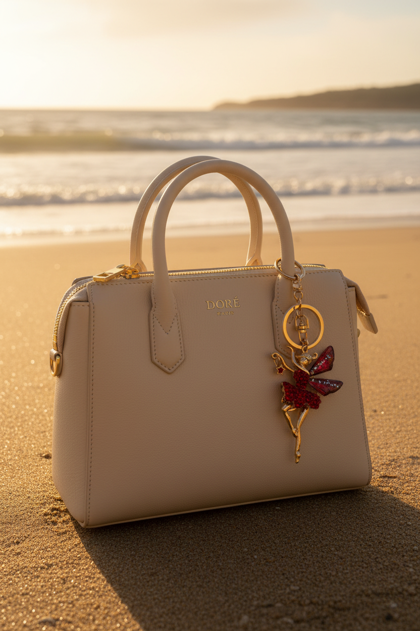 Bijou fée ballerine rouge sur sac Doré Paris à la plage
