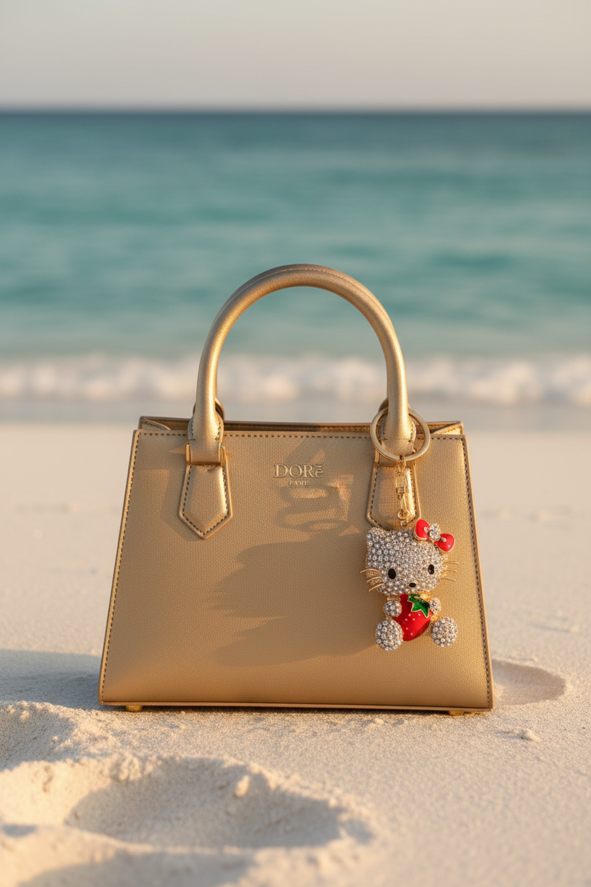 Bijou Hello Kitty strass & fraise – accroché sur sac DORē PARIS à la plage
