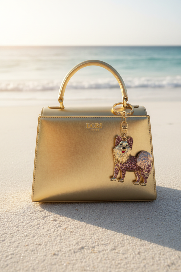 Bijou Lion strass rose – accroché sur sac DORē PARIS à la plage