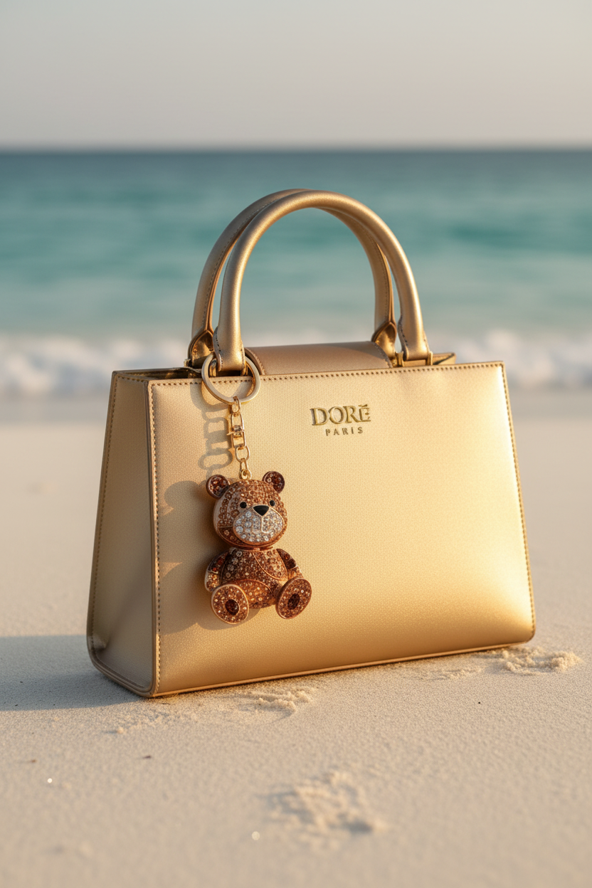 Bijou Ourson marron caramel – accroché sur sac DORē PARIS à la plage