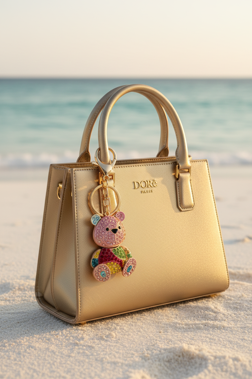 Bijou Ourson multicolore – accroché sur sac DORē PARIS à la plage