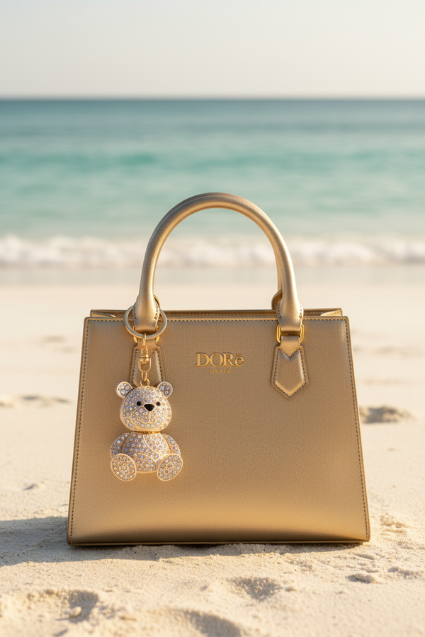 Bijou Ourson strass blanc irisé – accroché sur sac DORē PARIS à la plage