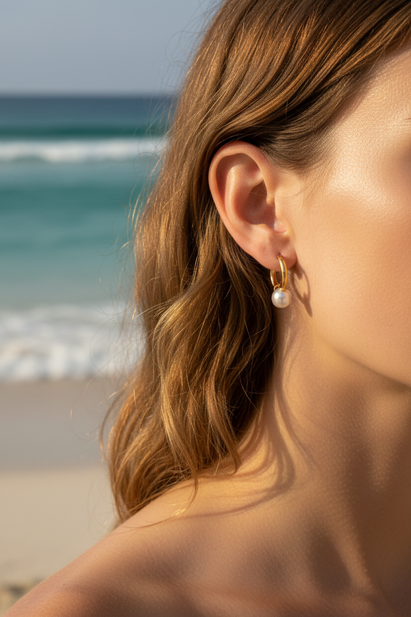 Boucles d'oreilles – Créoles dorées & perle blanche nacrée – lifestyle plage