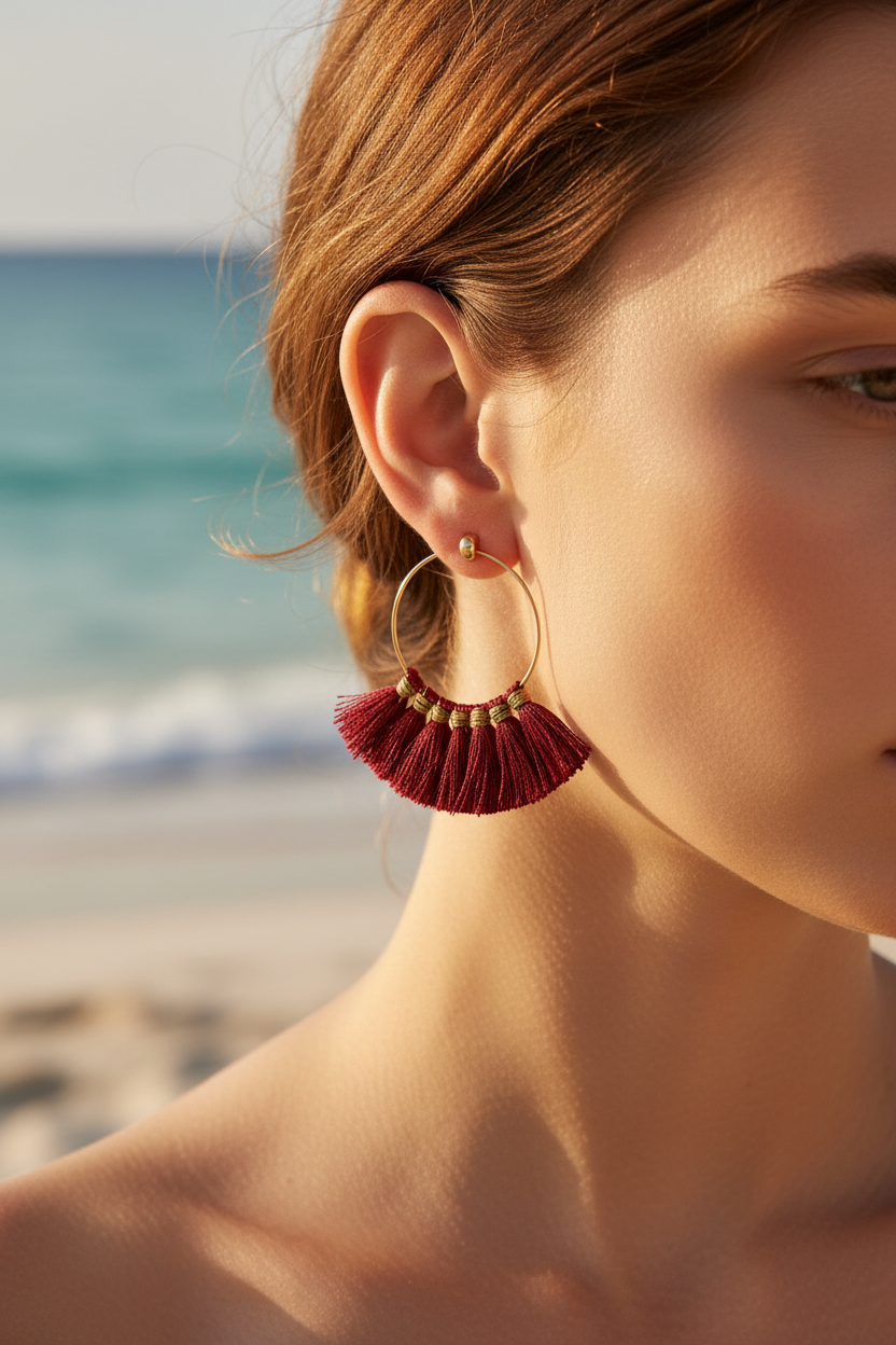 Boucles d'oreilles – Petites créoles dorées & pompons bordeaux courts – lifestyle plage