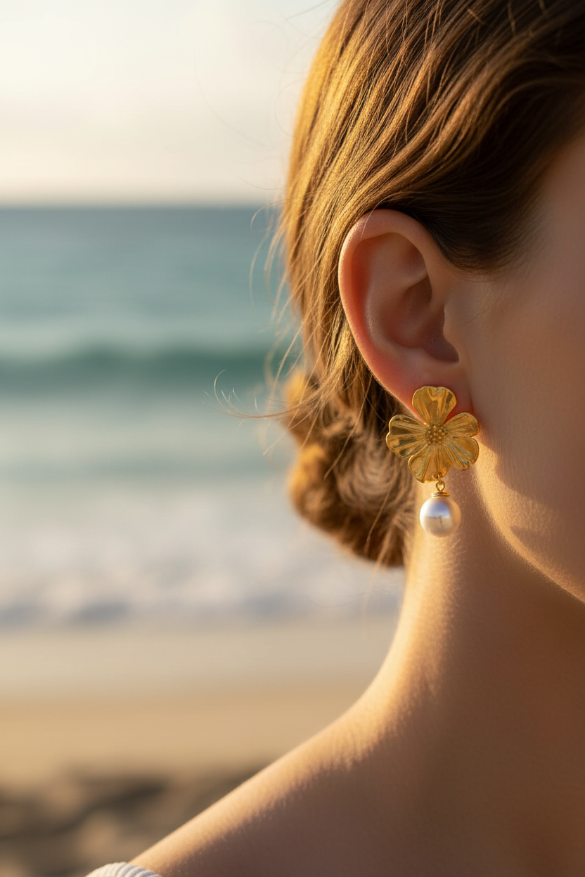 Boucles fleur or perle - sans diamant
