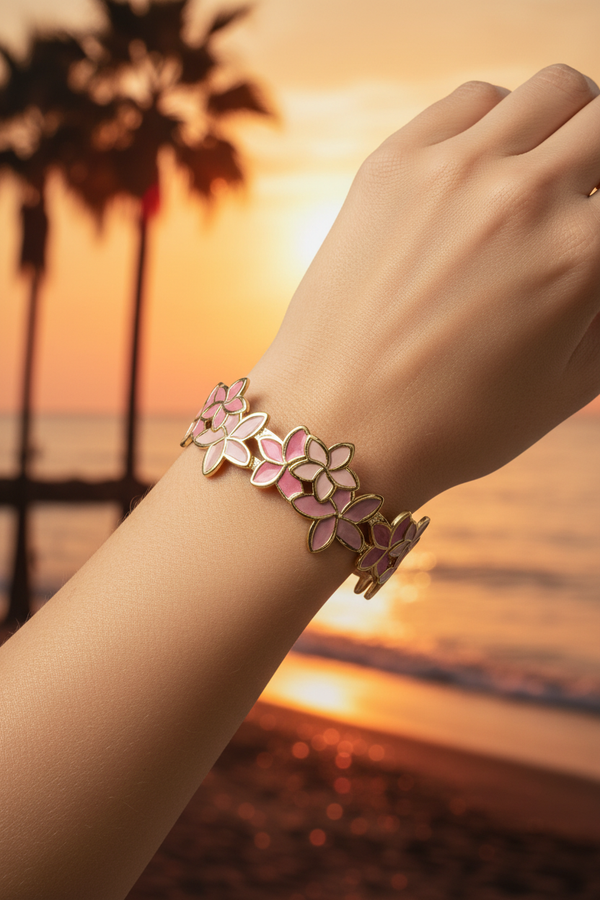 Bracelet jonc fleuri deux tons de rose plage