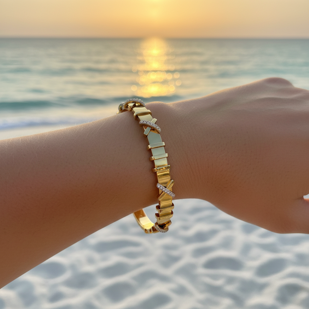 Bracelet jonc large maillons carrés tank doré & X pavé cristaux – lifestyle plage