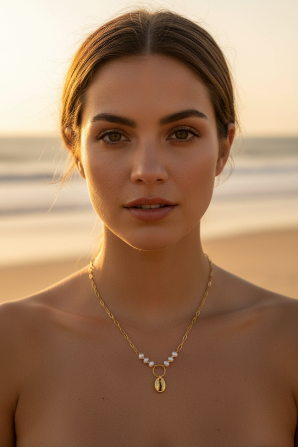 Collier coquillage cauri avec perles - vue de face