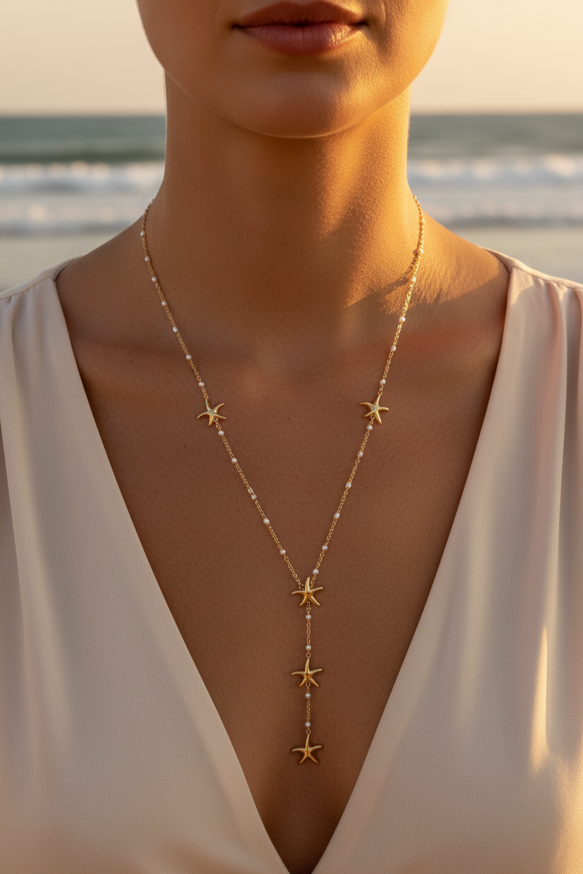 Collier lariat doré exactement 5 étoiles de mer perles blanches plage