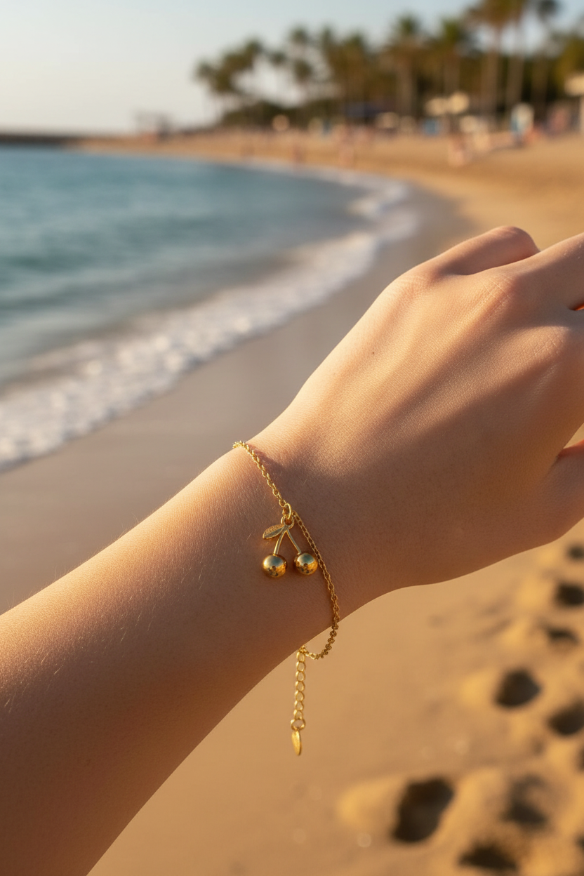Femme portant bracelet chaîne dorée charm cerise plage