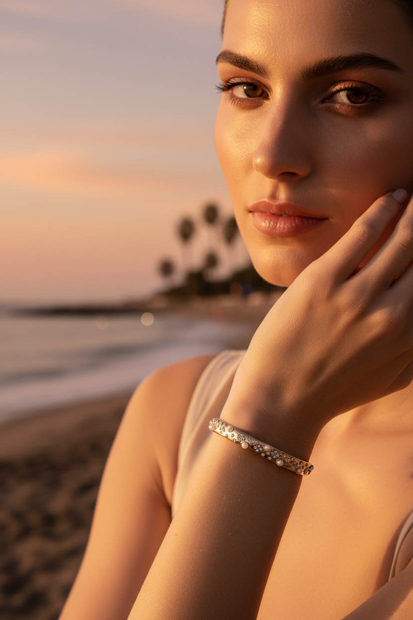 Femme portant bracelet jonc doré perles plage