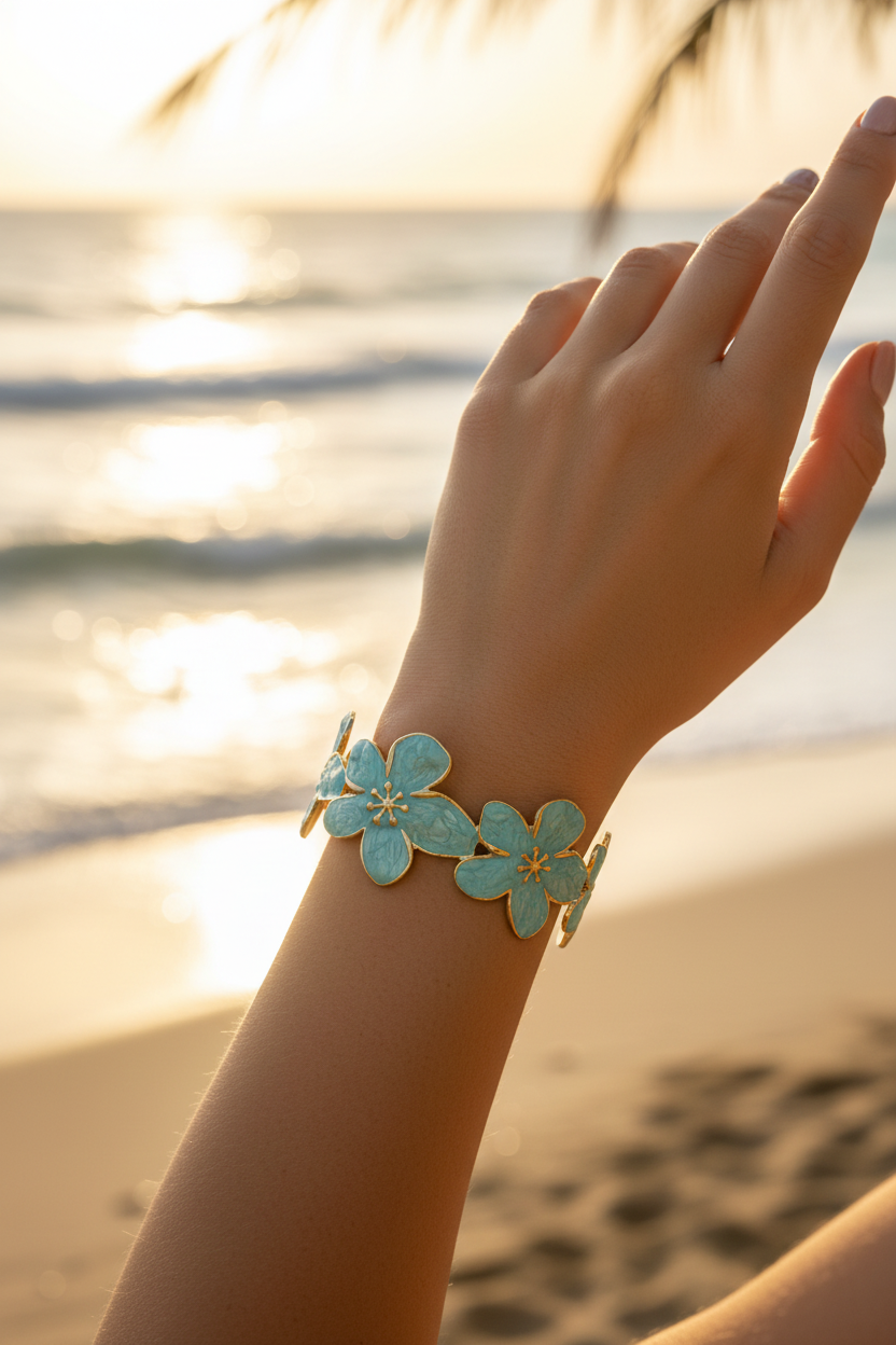 Femme portant bracelet jonc fleuri émail turquoise plage