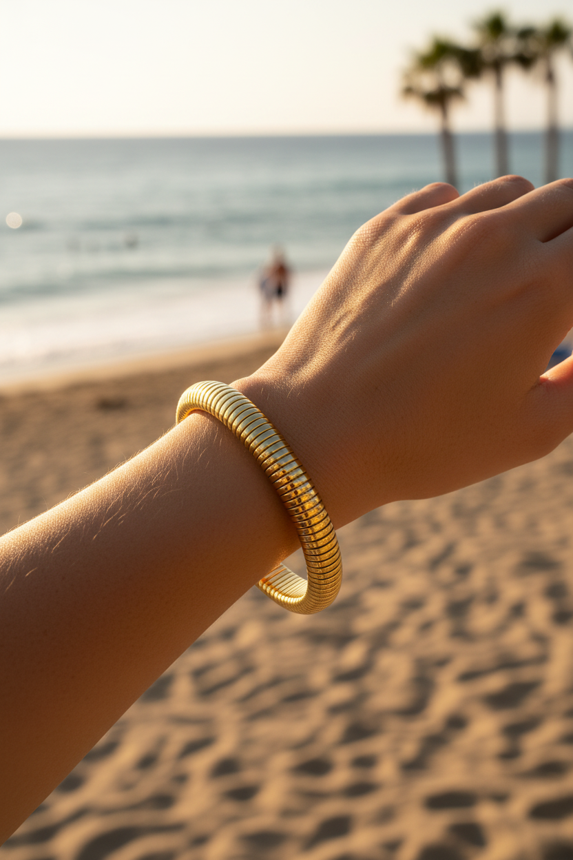 Femme portant bracelet tubogaz doré plage