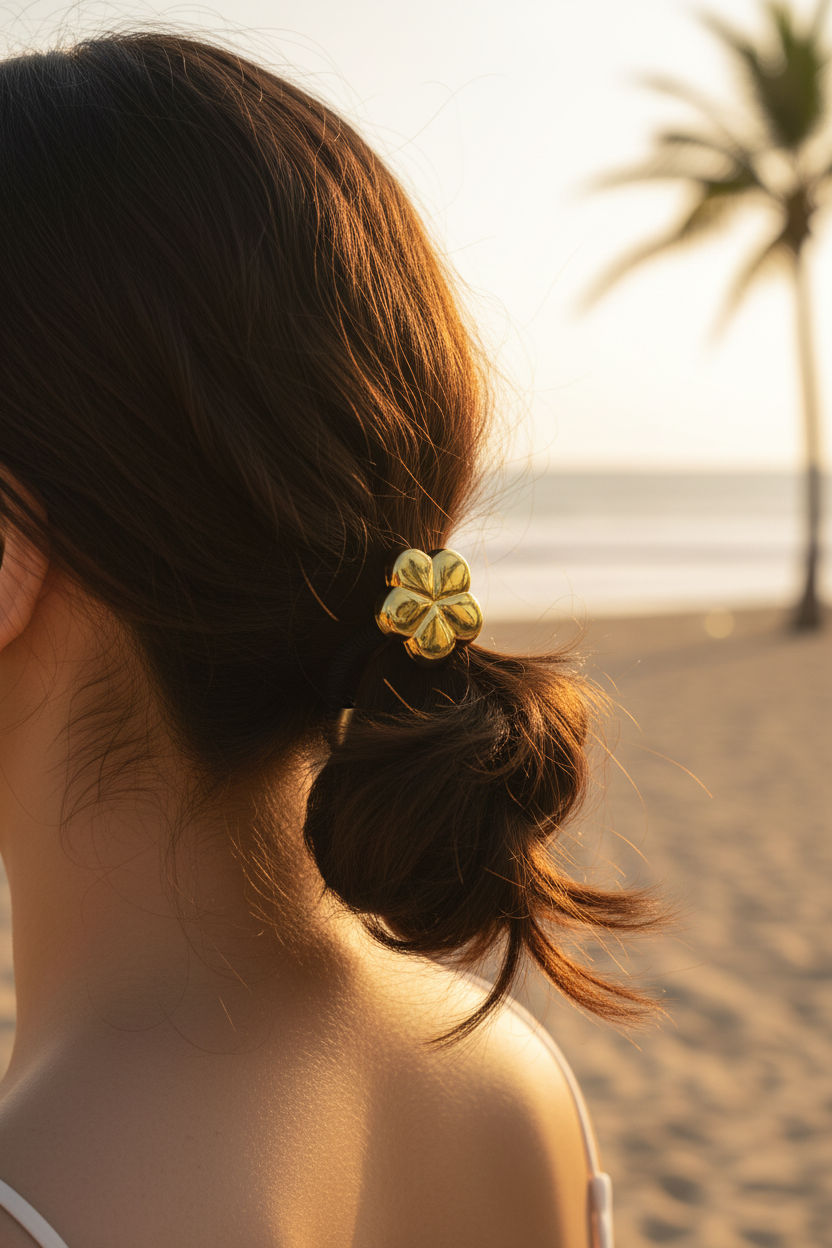 Gros plan élastique fleur dorée dans les cheveux