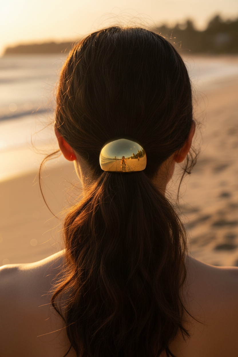Élastique demi-boule dorée bombée face caméra