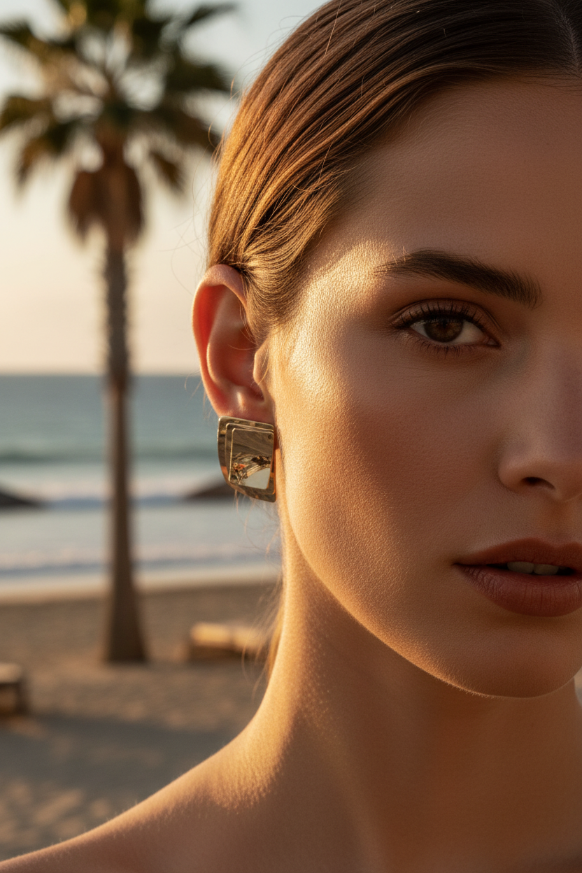 Portrait serré femme boucles d'oreilles dorées plage